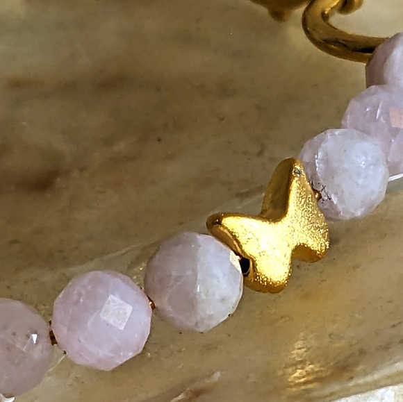 Natural Pink Kunzite & Gold Beads In Half And Half Assymetrical  Bracelet - Picture 4 of 6